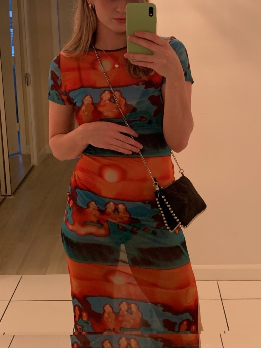 Miaou “Billie” Dress - Orange and Teal Thermal Design Sheer Maxi Dress